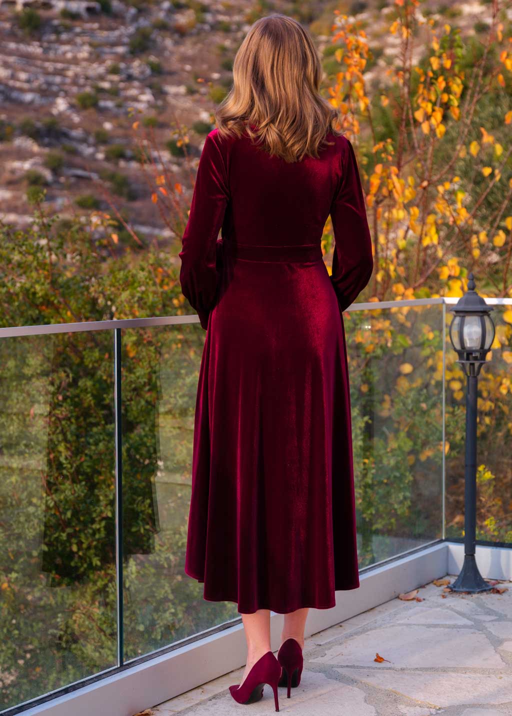 Burgundy velvet wrap dress