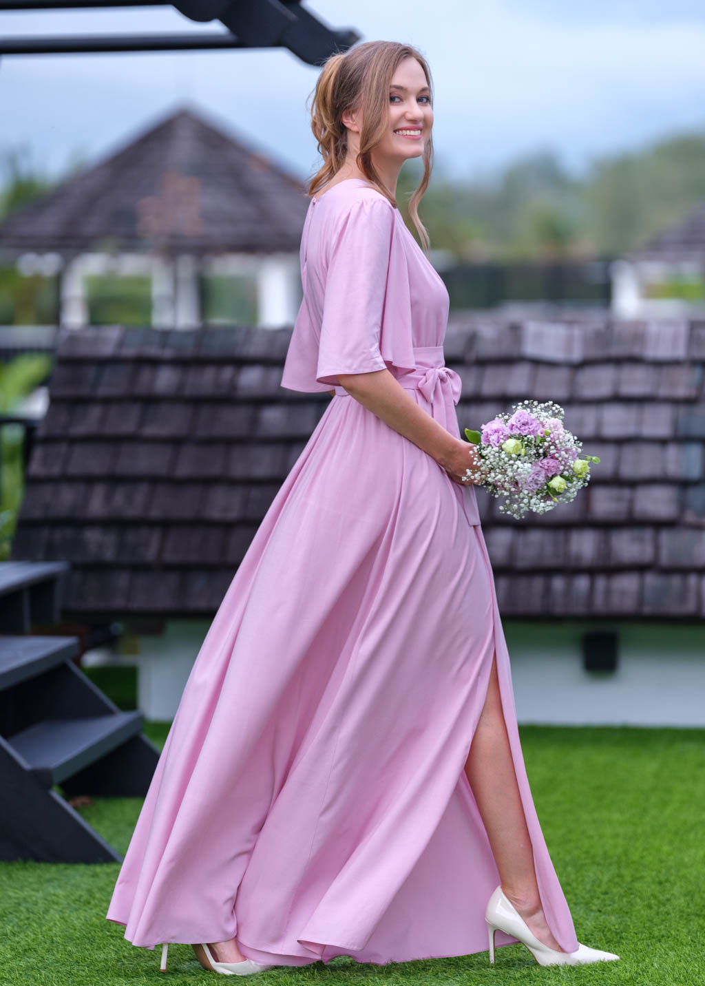 Rose pink long dress with belt