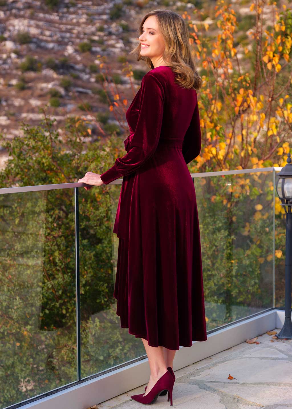 Burgundy velvet wrap dress