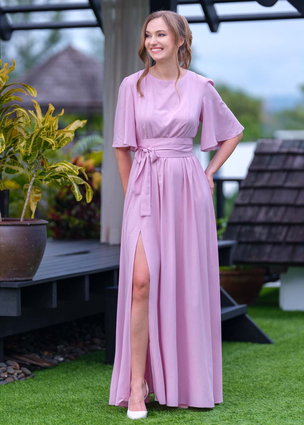 Rose pink slit dress with belt