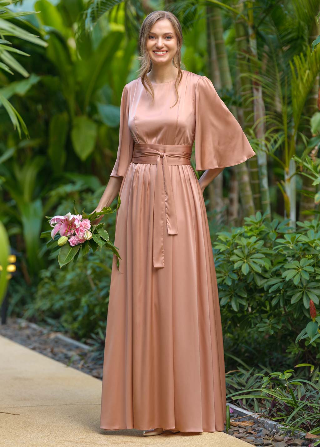 Rose gold silk dress with belt