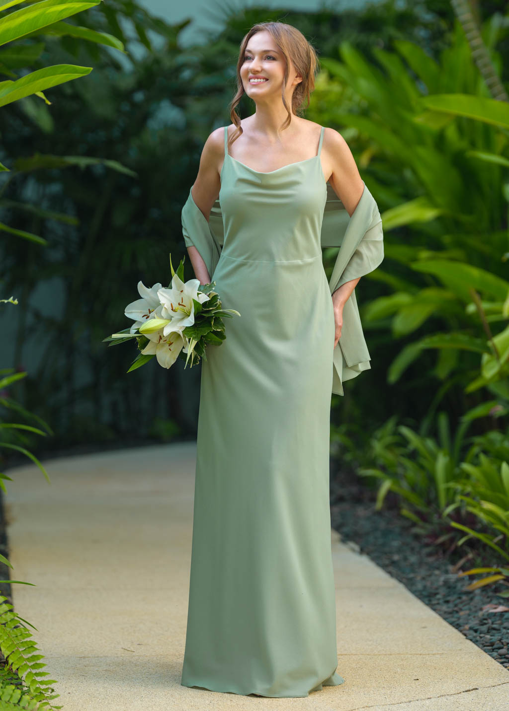 Sage green chiffon long dress with shawl