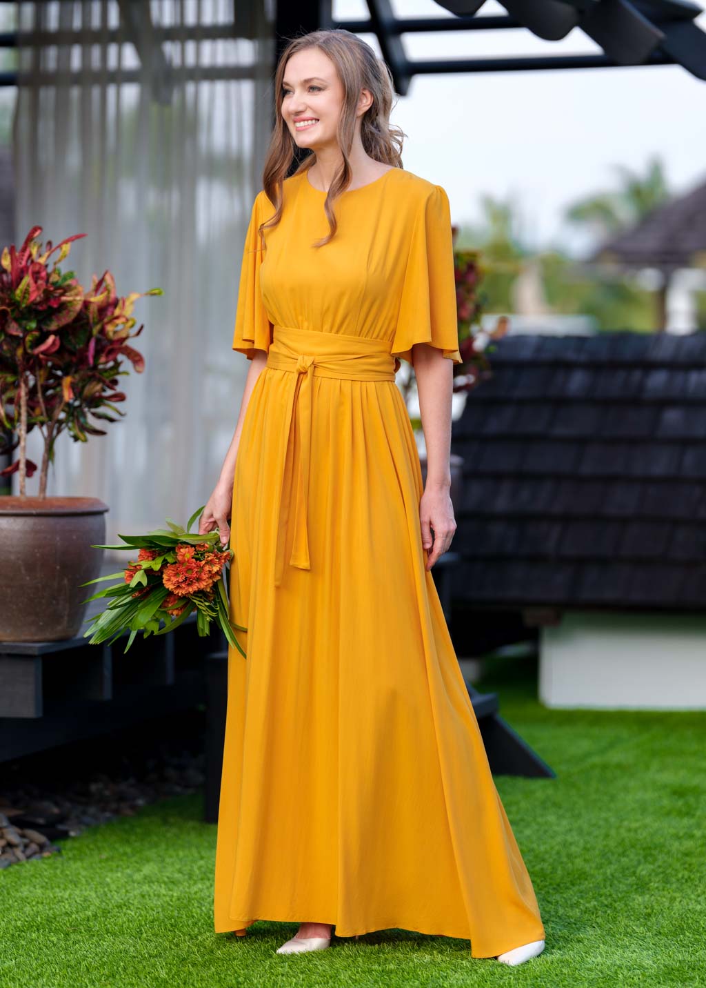 Honey yellow long dress with belt