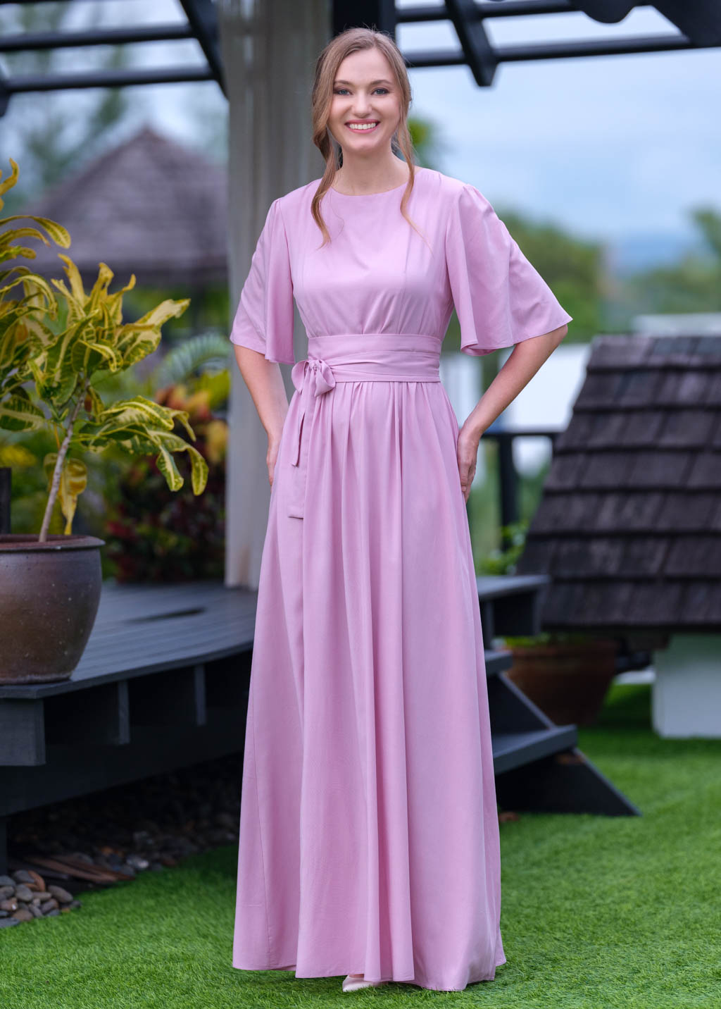 Rose pink long dress with belt