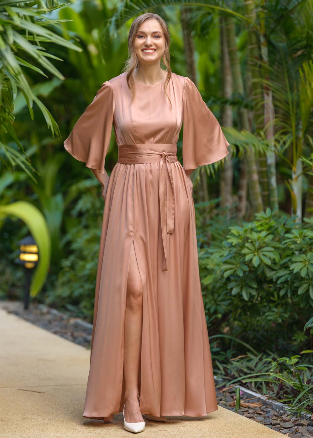 Rose gold silk slit dress with belt