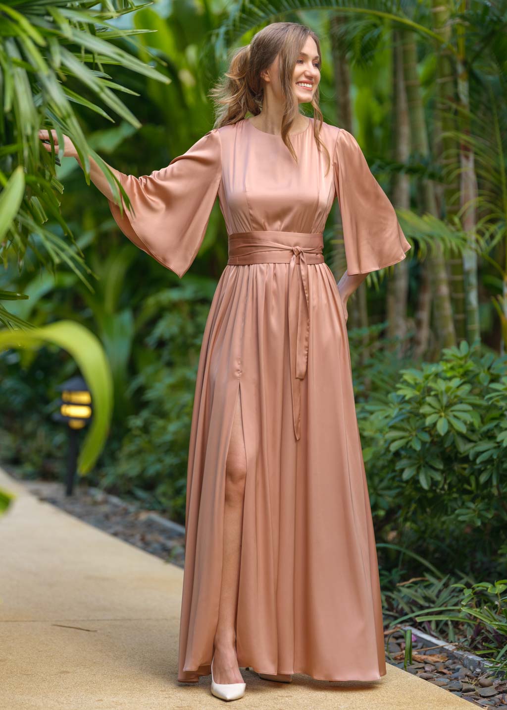 Rose gold silk slit dress with belt