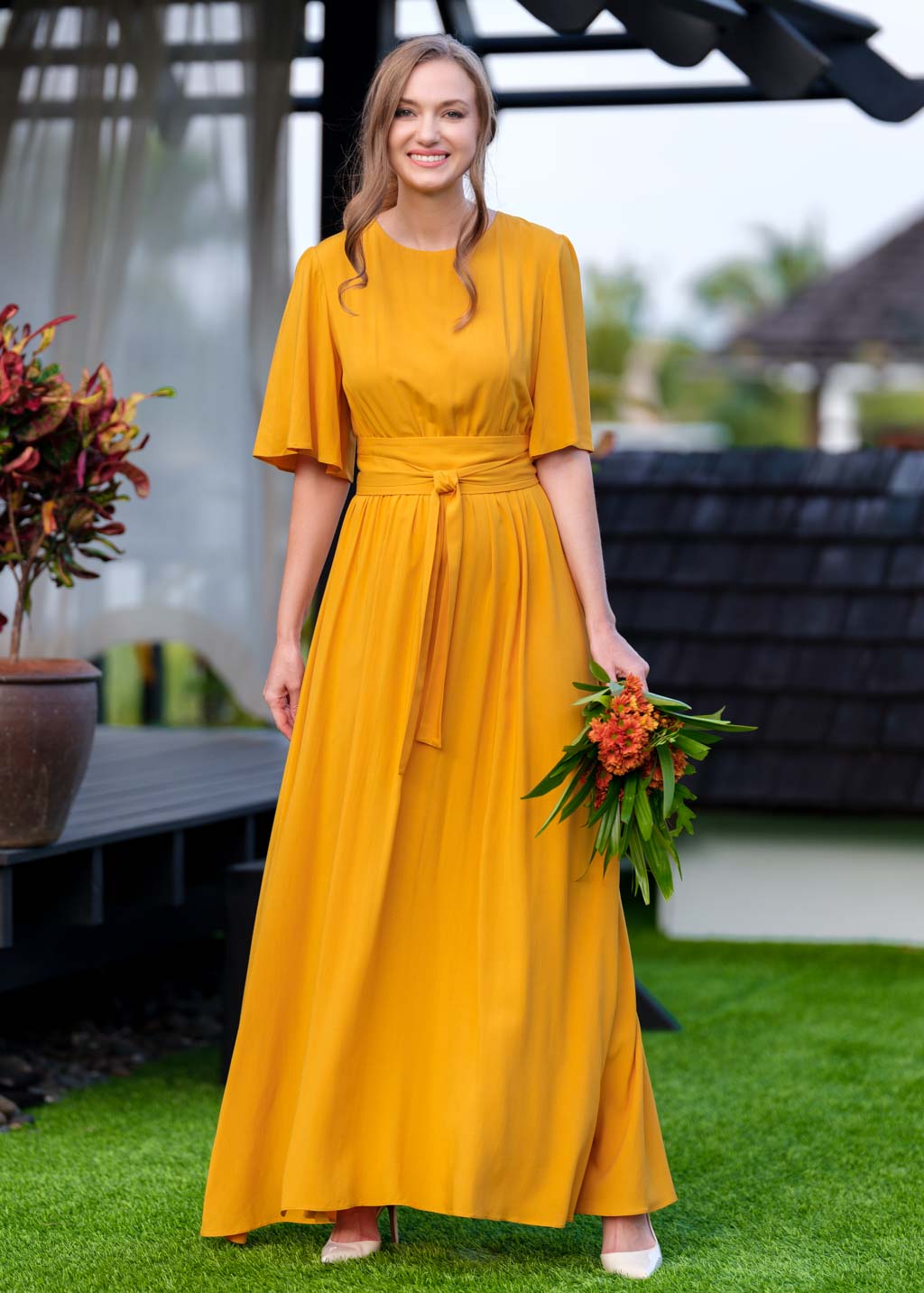 Honey yellow slit dress with belt