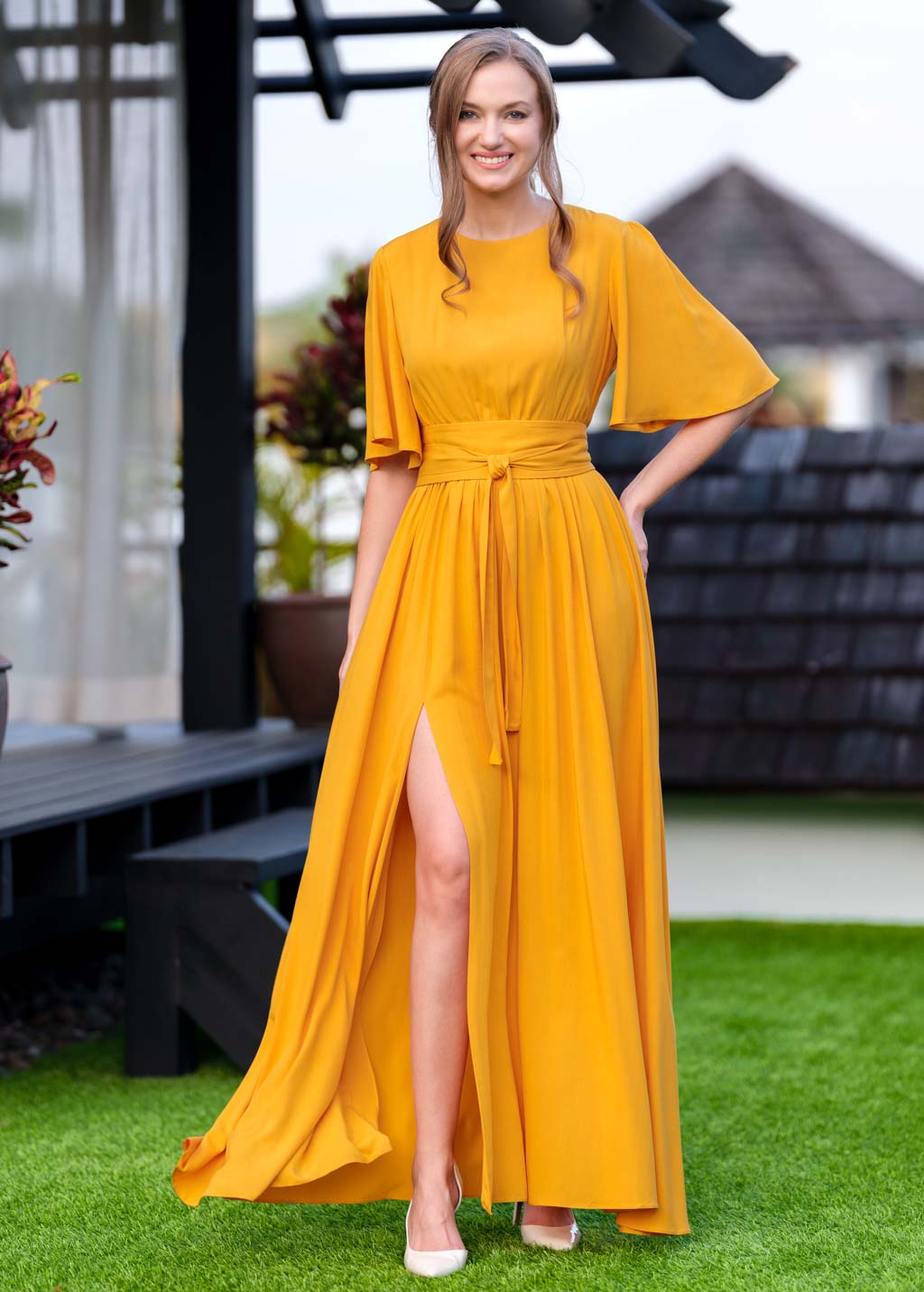 Honey yellow slit dress with belt