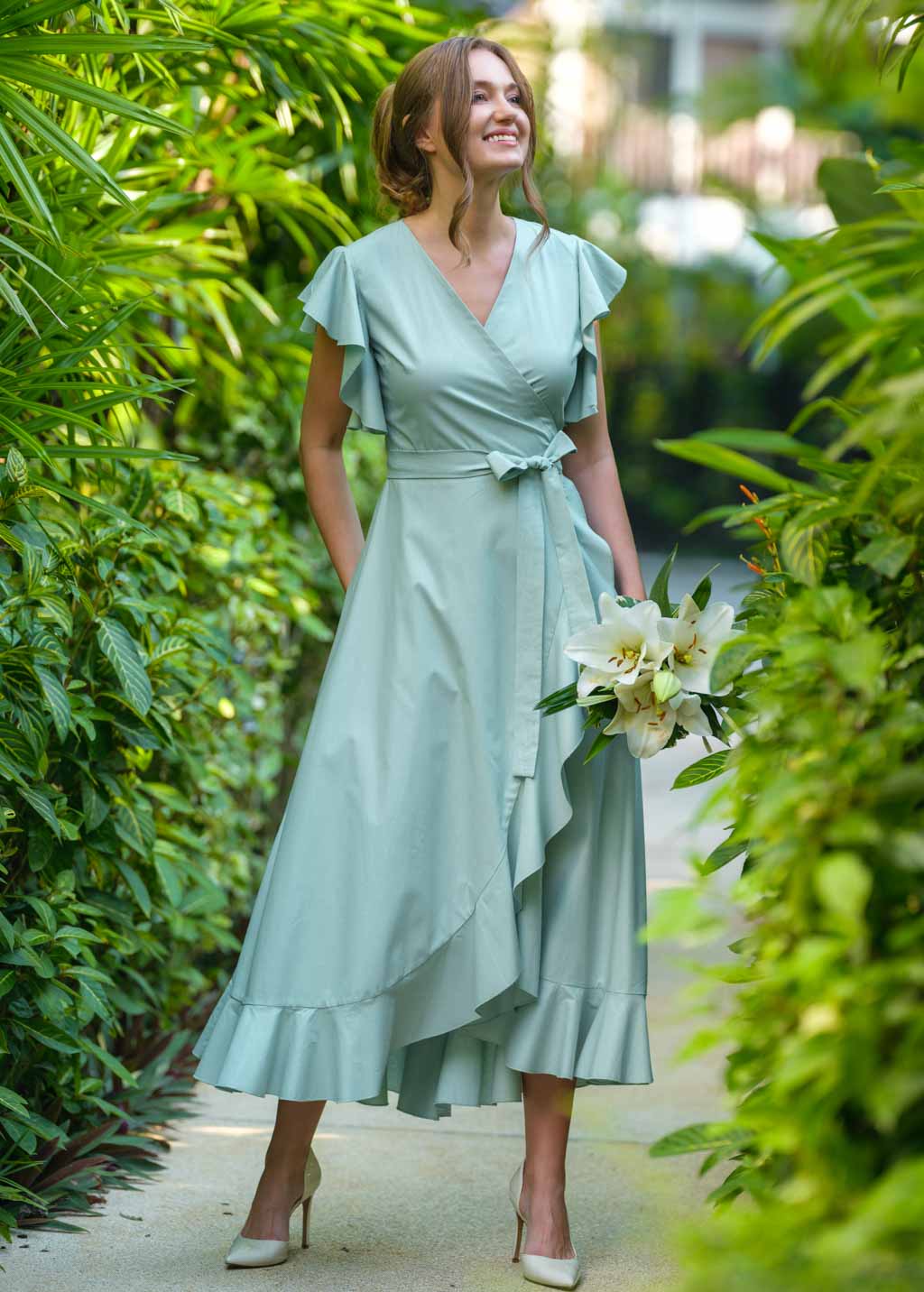 Sage green organic cotton wrap dress