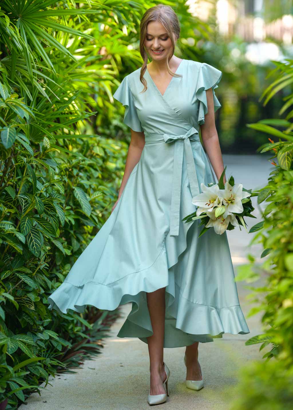 Sage green organic cotton wrap dress