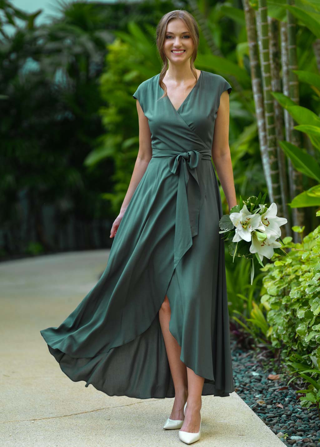 Dark green romantic wrap dress