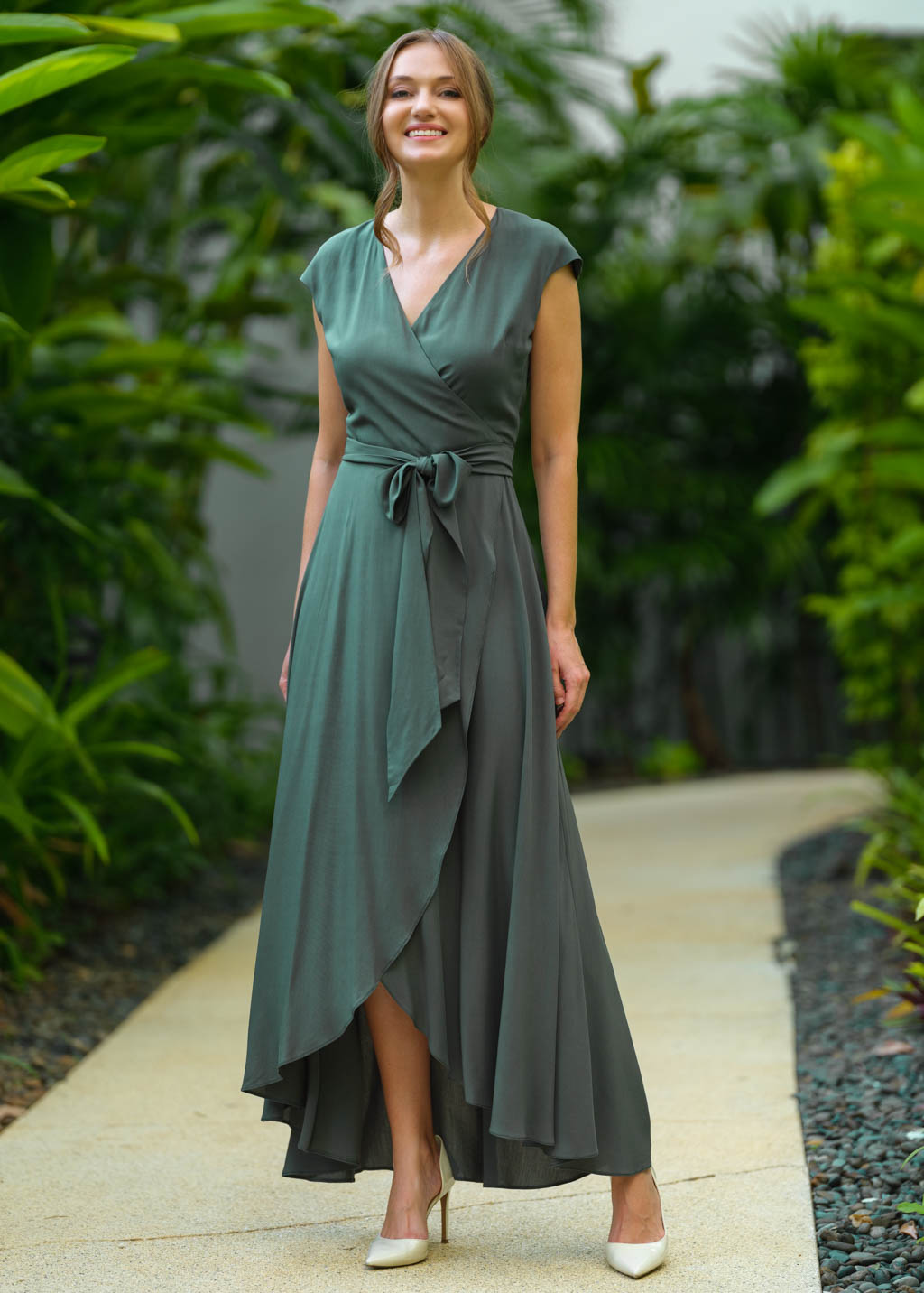 Dark green romantic wrap dress