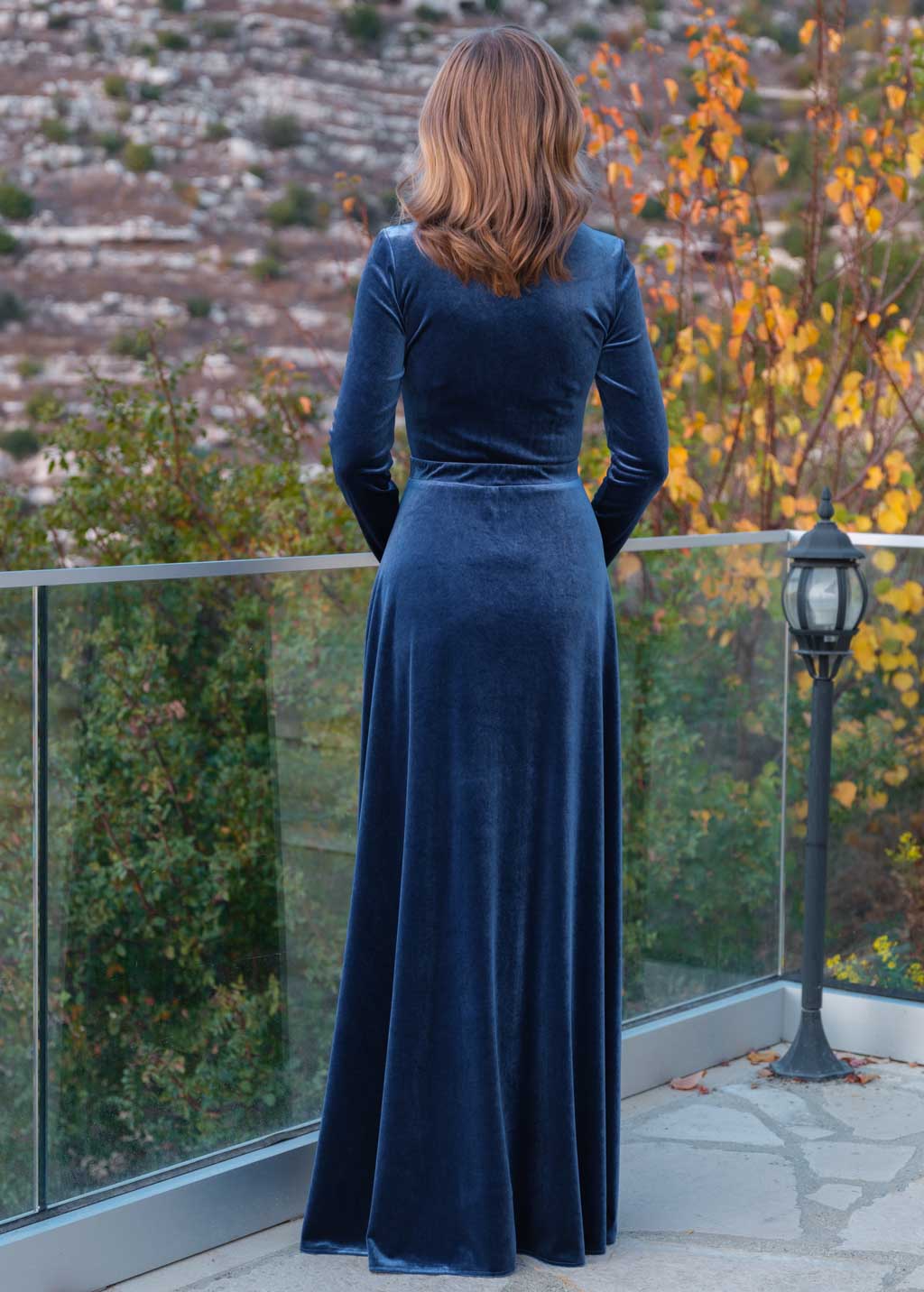 Steel blue velvet slit dress