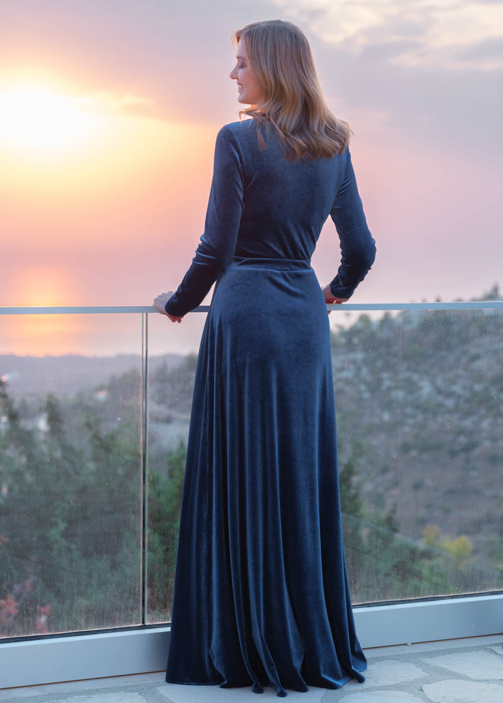 Steel blue velvet slit dress