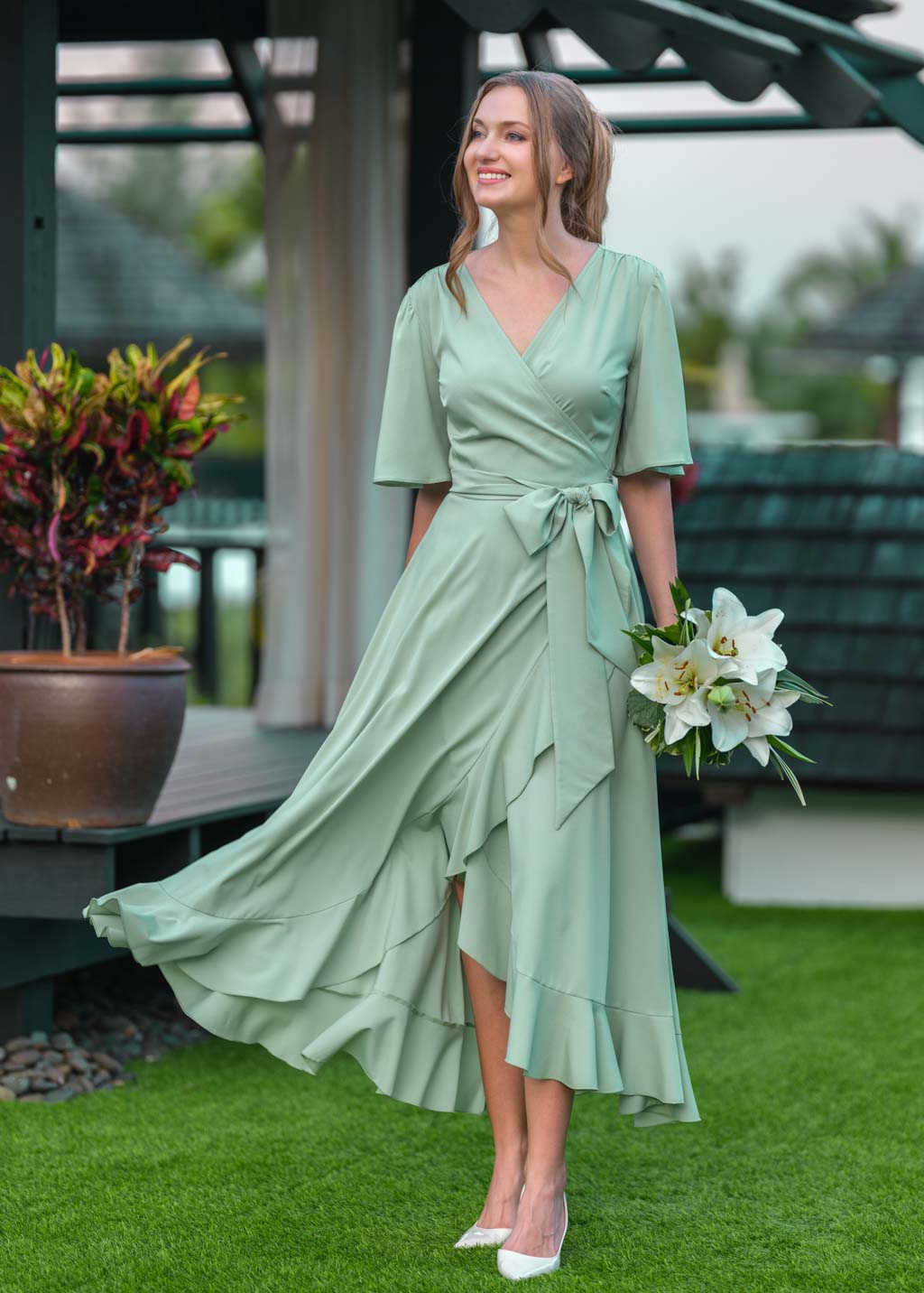 Sage green long wrap dress