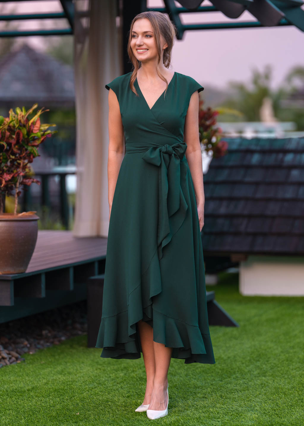 Dark green chiffon wrap dress