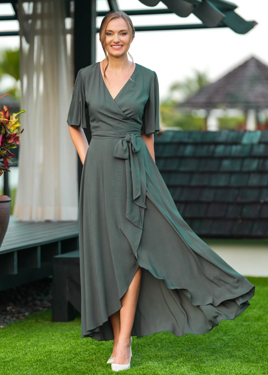 Dark Green romantic wrap dress