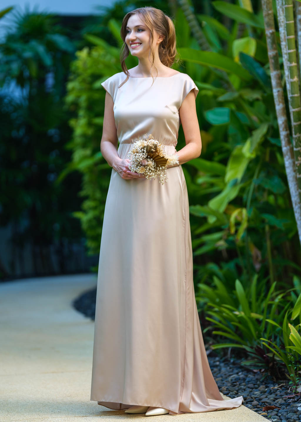 Champagne beige silk long dress with tail