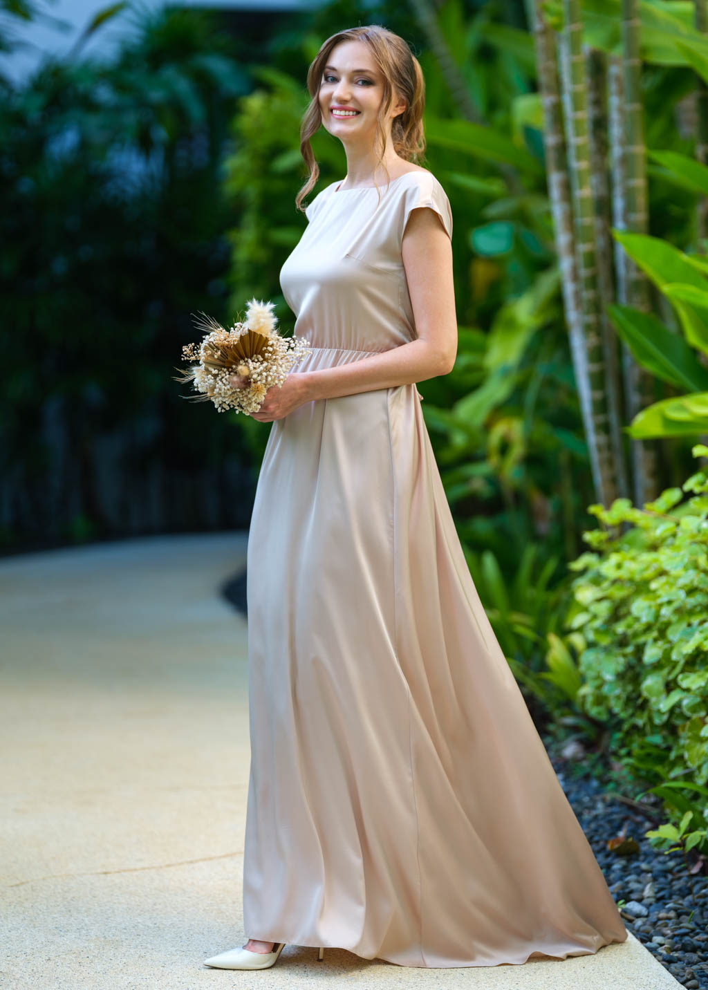 Champagne beige silk long dress with tail