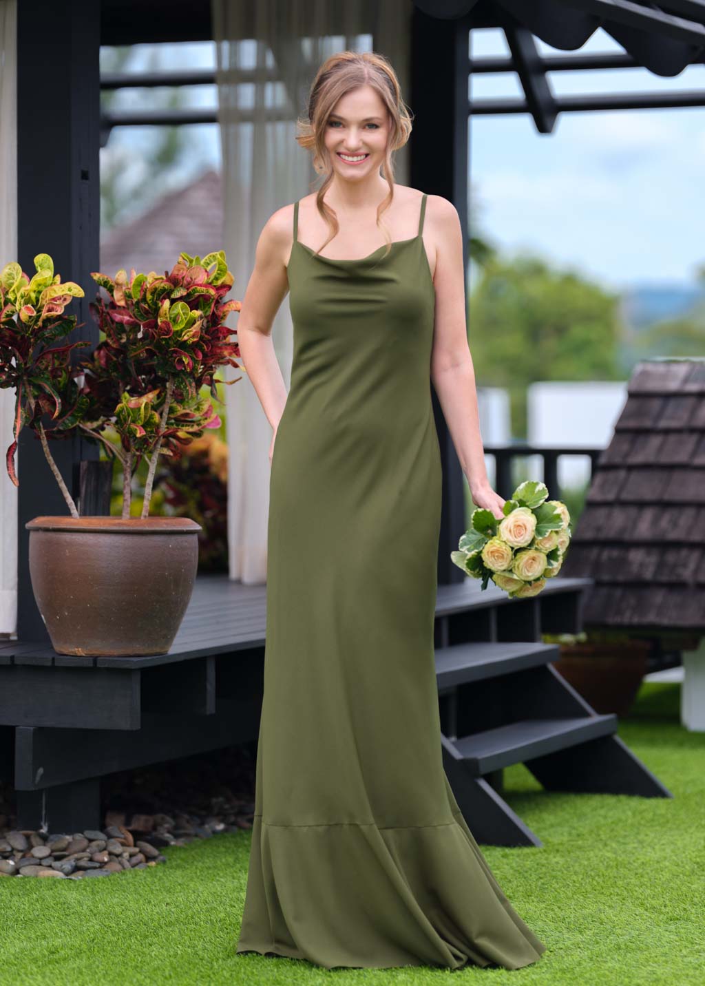 Olive green chiffon slip long dress