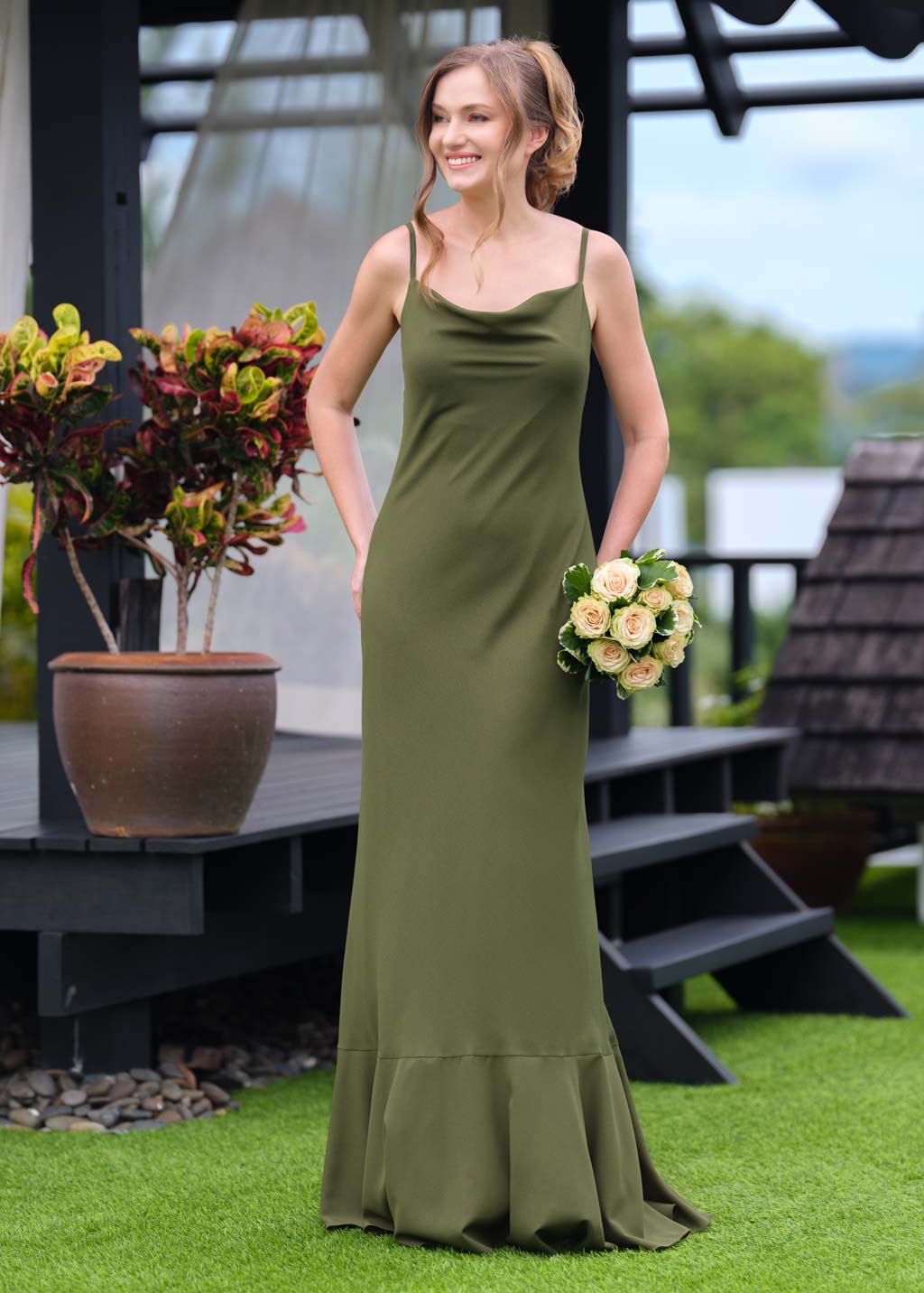 Olive green chiffon slip long dress