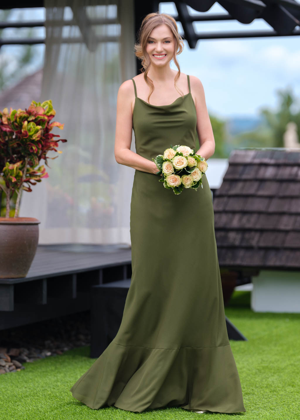 Olive green chiffon slip long dress