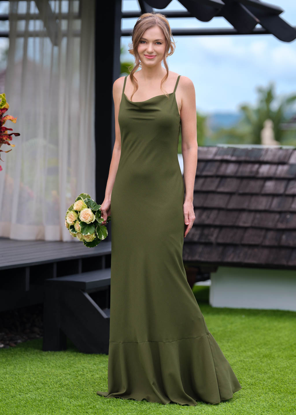 Olive green chiffon slip long dress