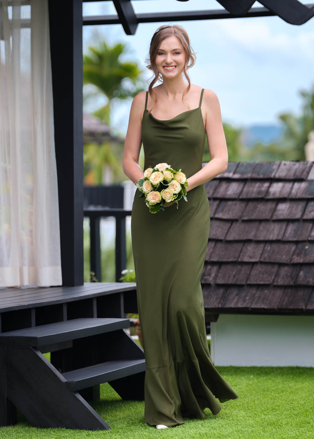 Olive green chiffon slip long dress