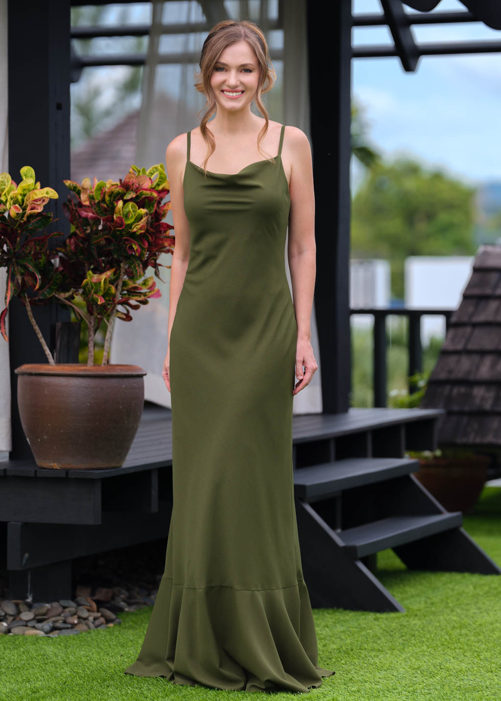 Olive green chiffon slip long dress