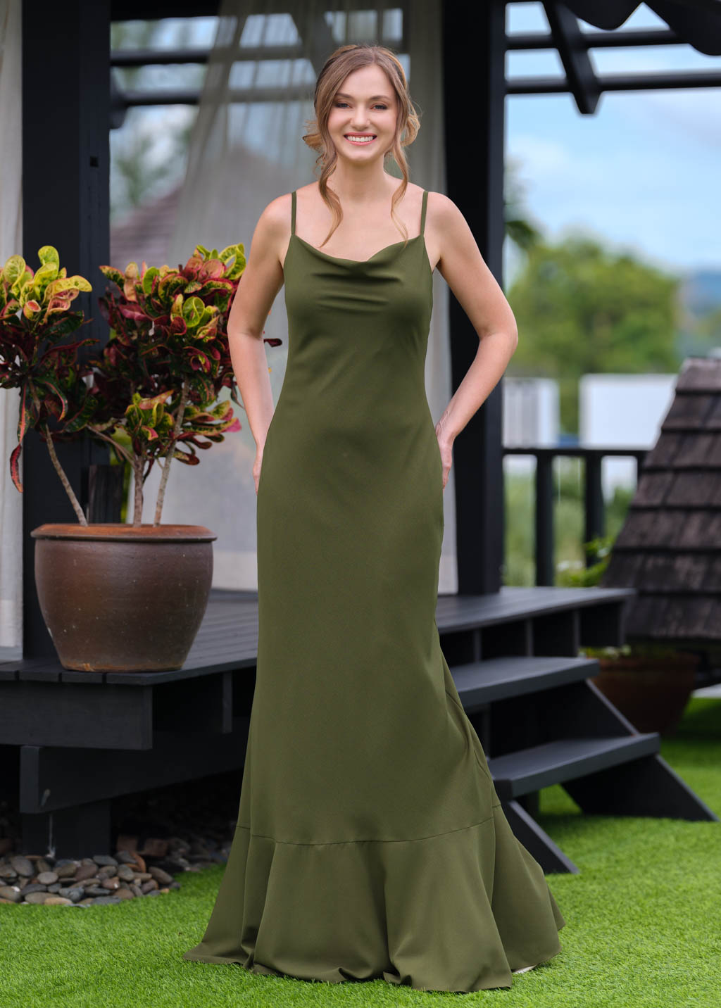 Olive green chiffon slip long dress