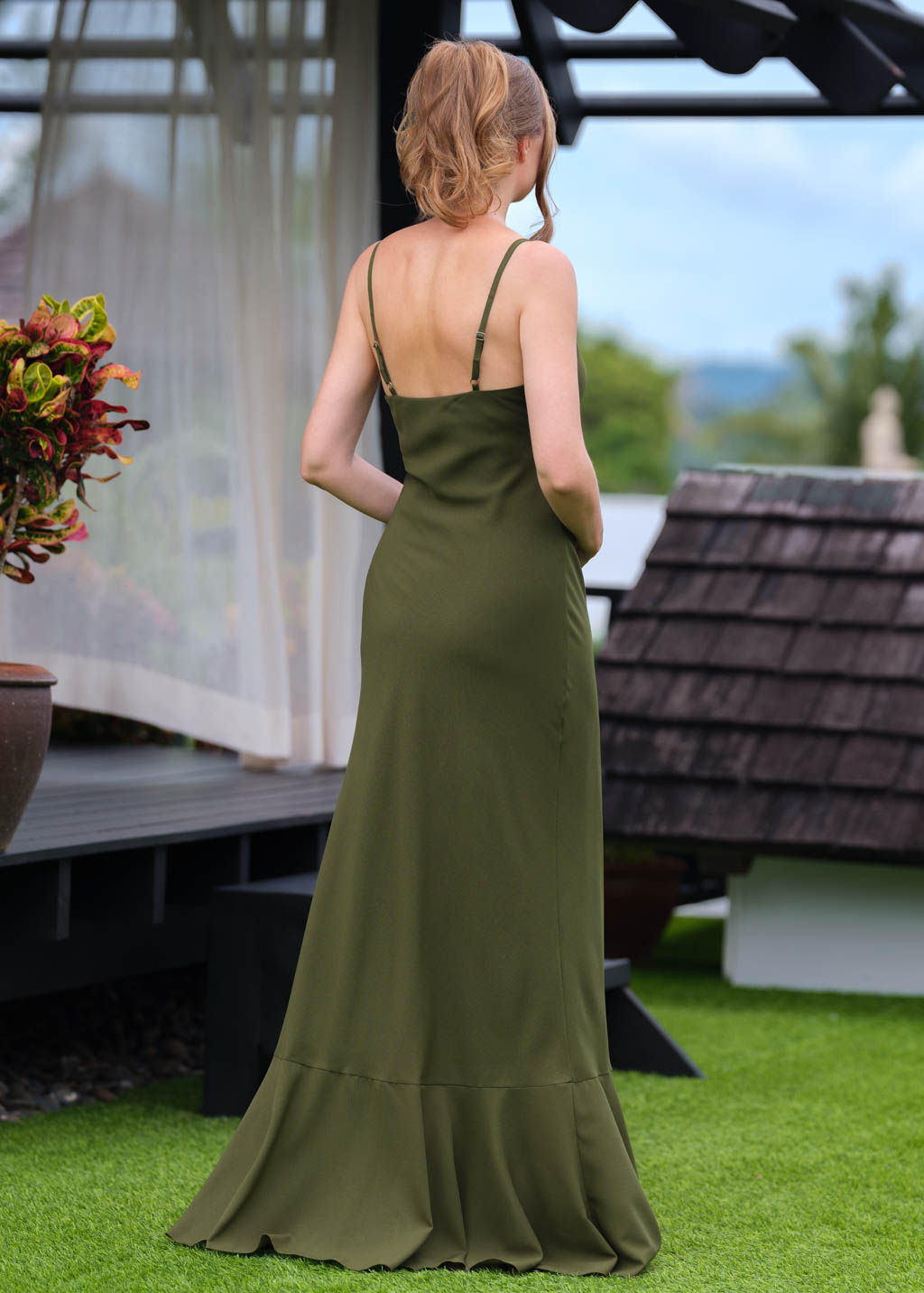 Olive green chiffon slip long dress