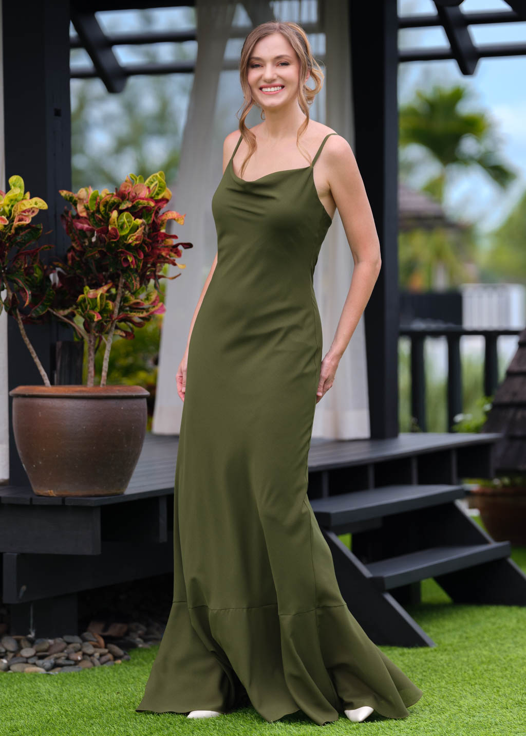 Olive green chiffon slip long dress