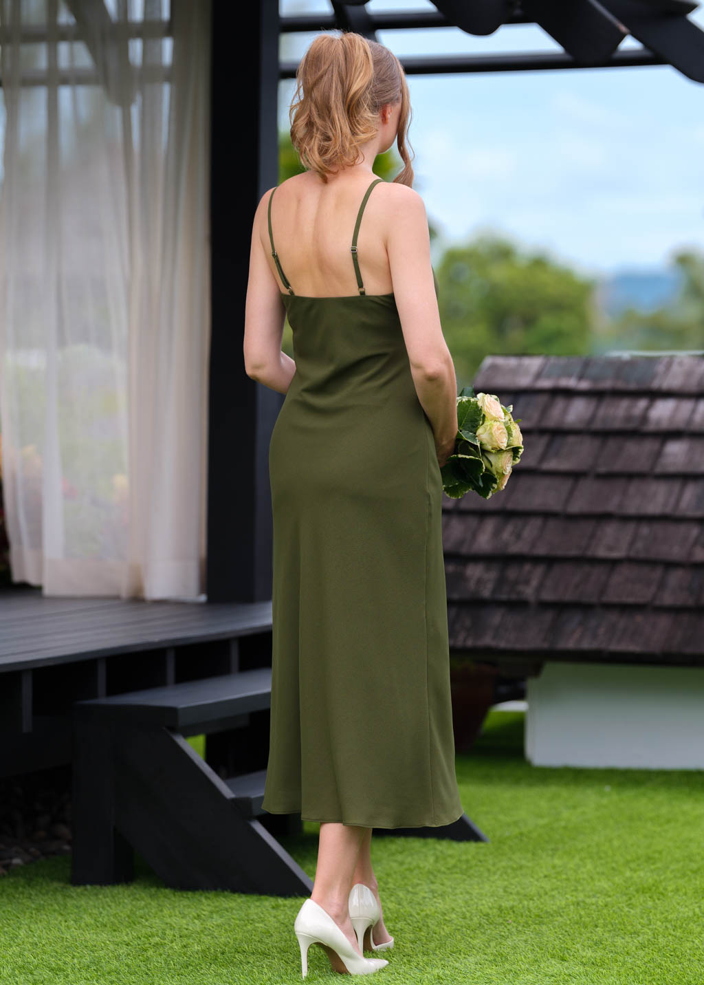 Olive green chiffon slip dress