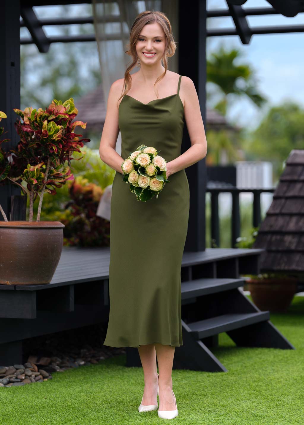 Olive green chiffon slip dress