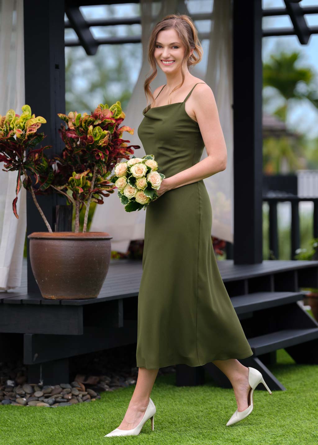 Olive green chiffon slip dress