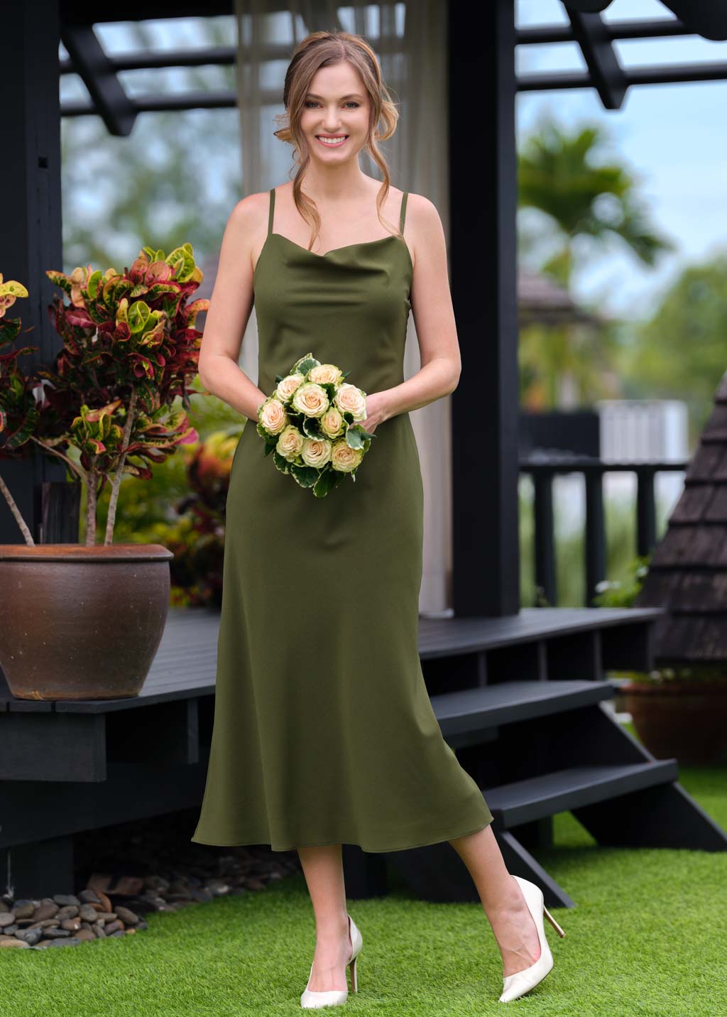 Olive green chiffon slip dress