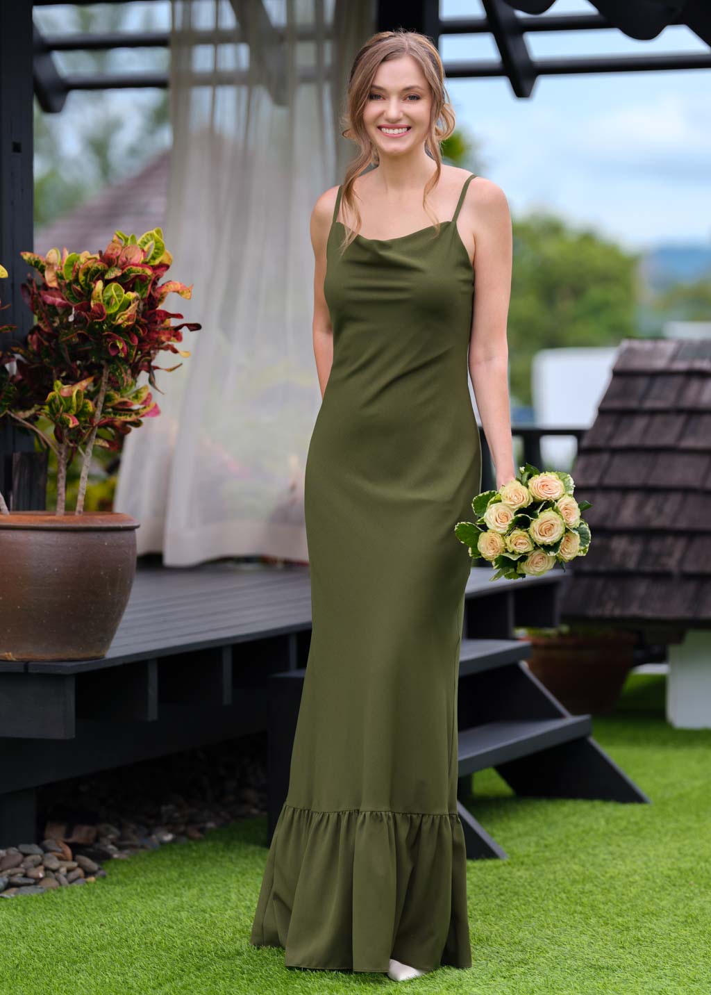 Olive green chiffon dress best sale