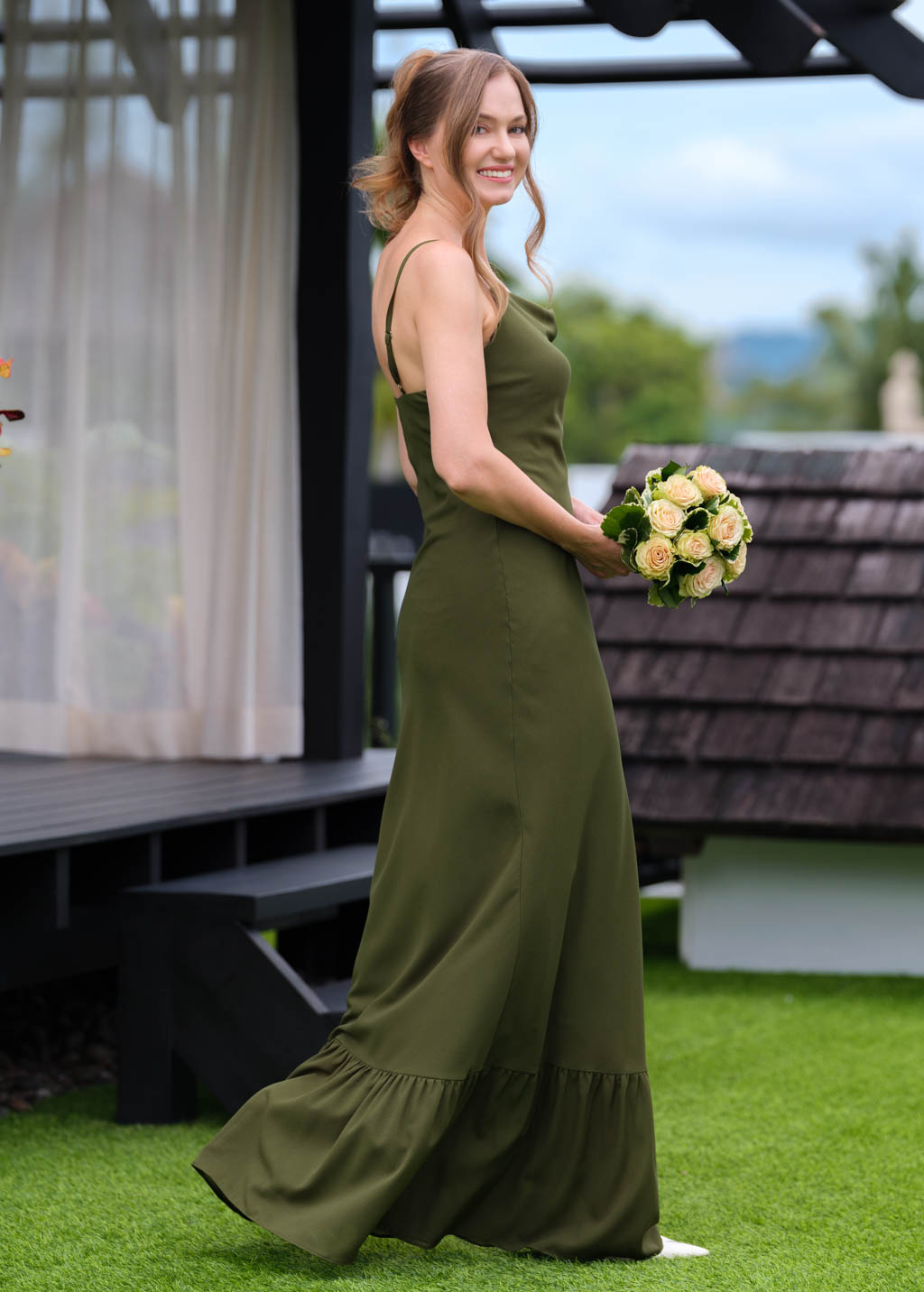 Olive green chiffon slip long dress