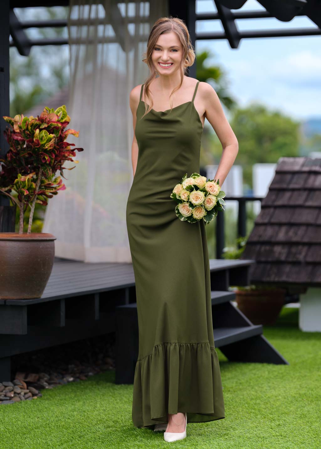 Olive green chiffon slip long dress