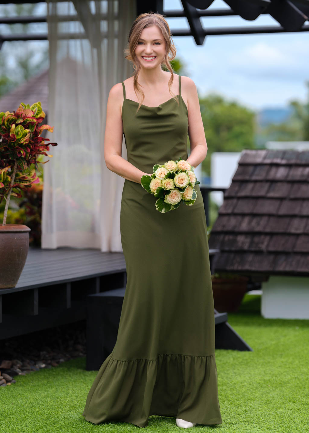 Olive green chiffon slip long dress