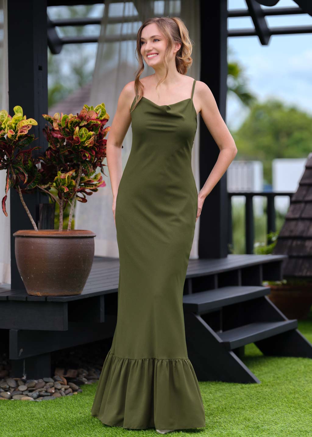 Olive green chiffon slip long dress