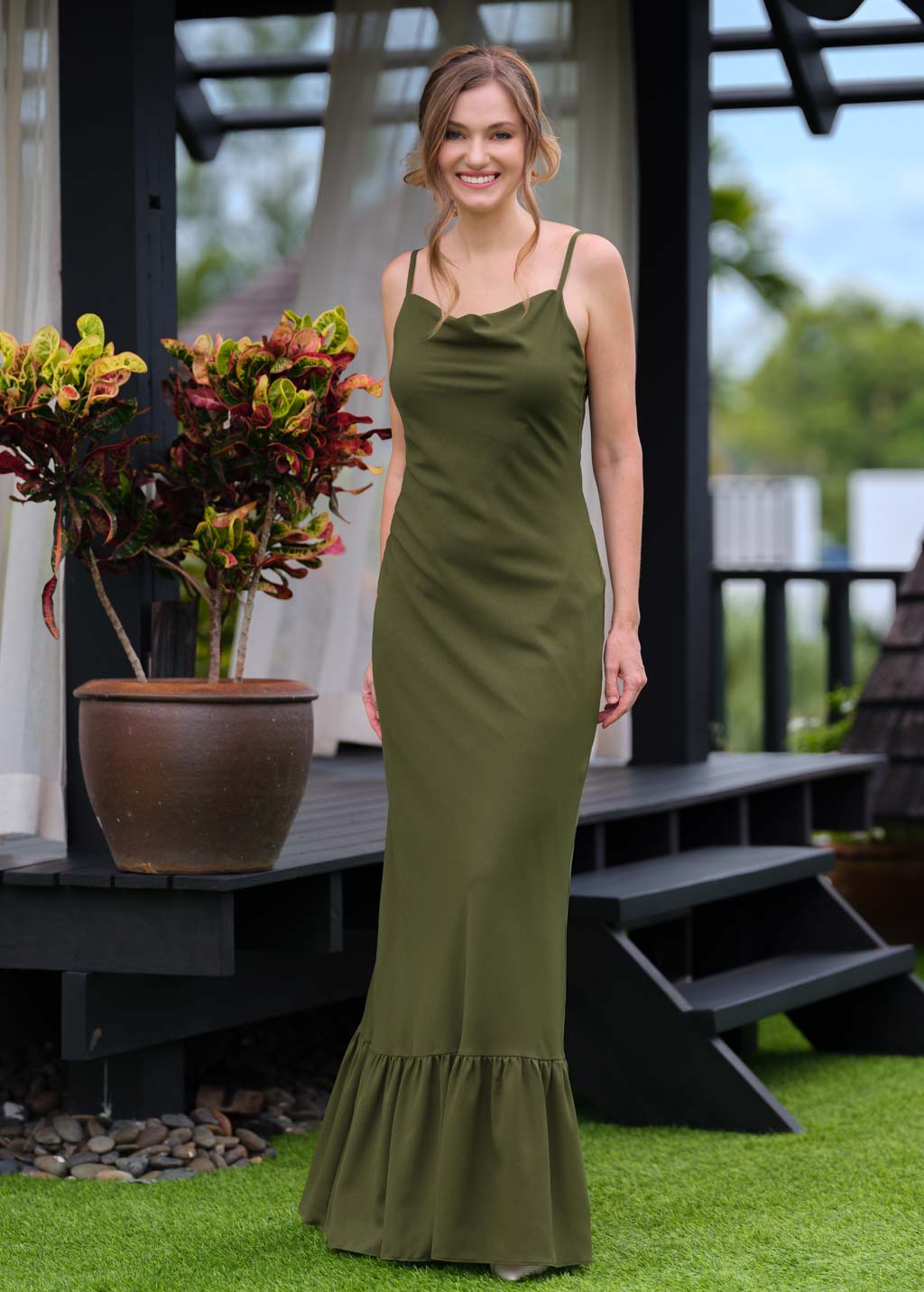 Olive green chiffon slip long dress