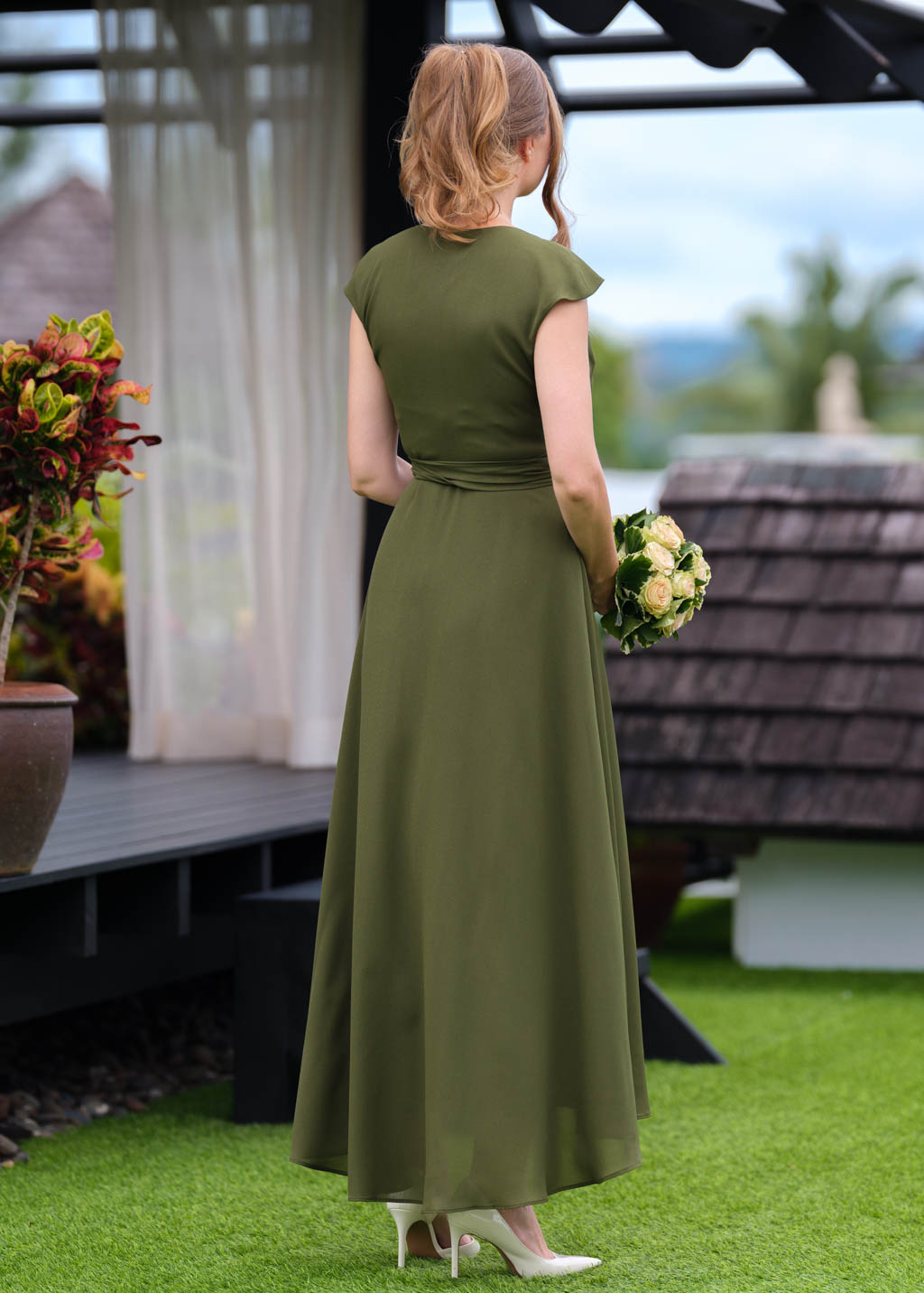 Olive green chiffon wrap dress