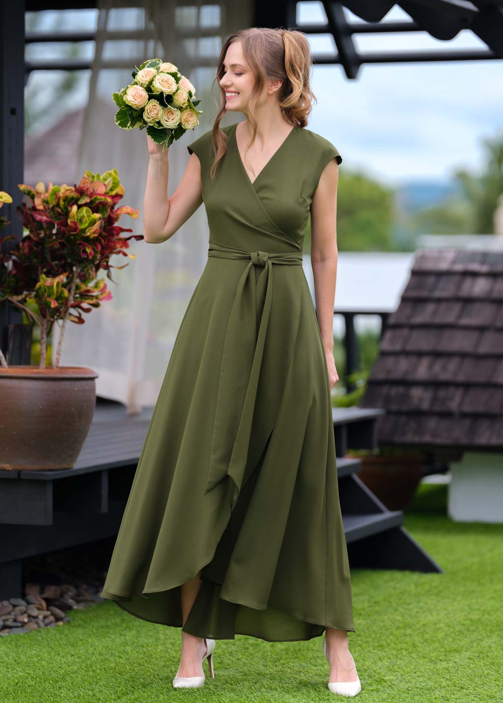 Olive green chiffon wrap dress