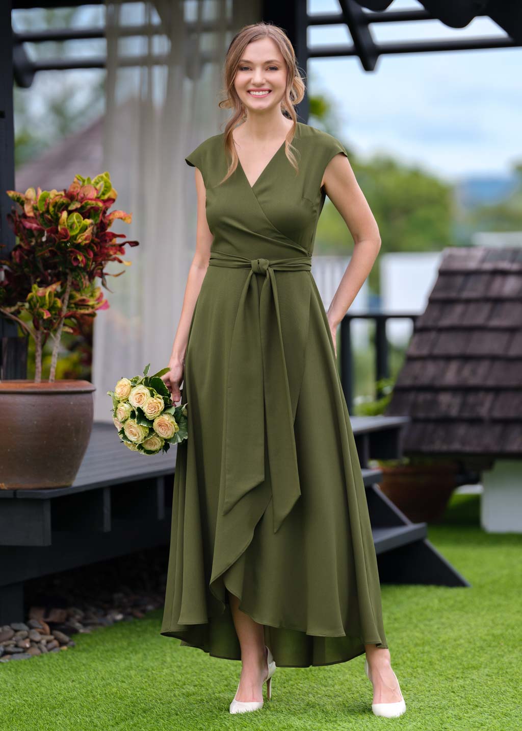 Olive green chiffon wrap dress