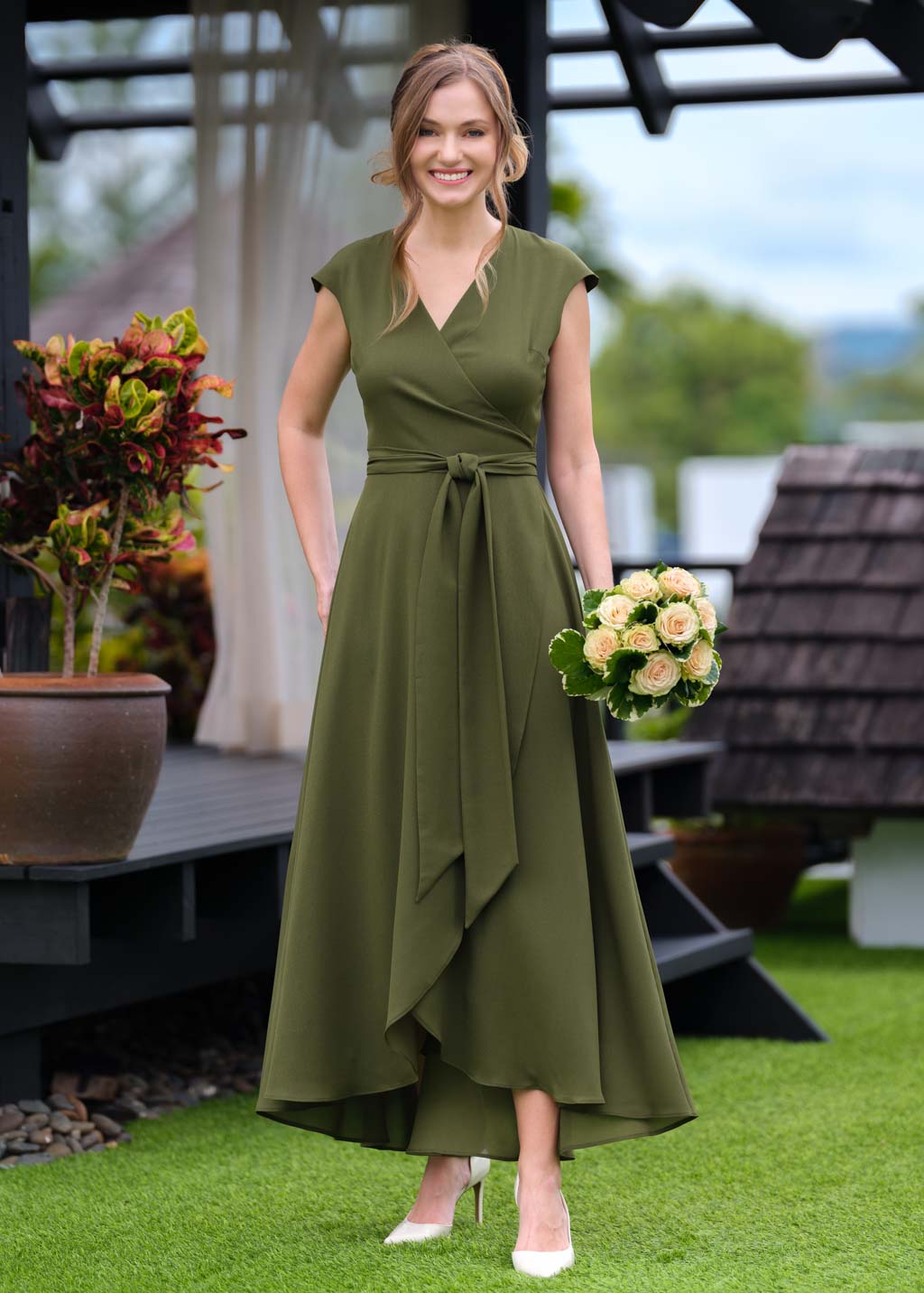 Olive green chiffon wrap dress