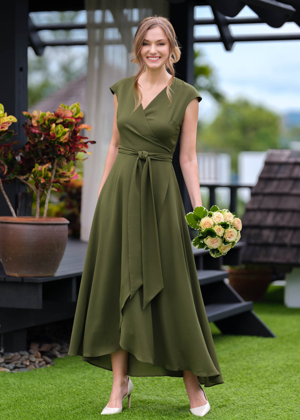 Olive green chiffon wrap dress