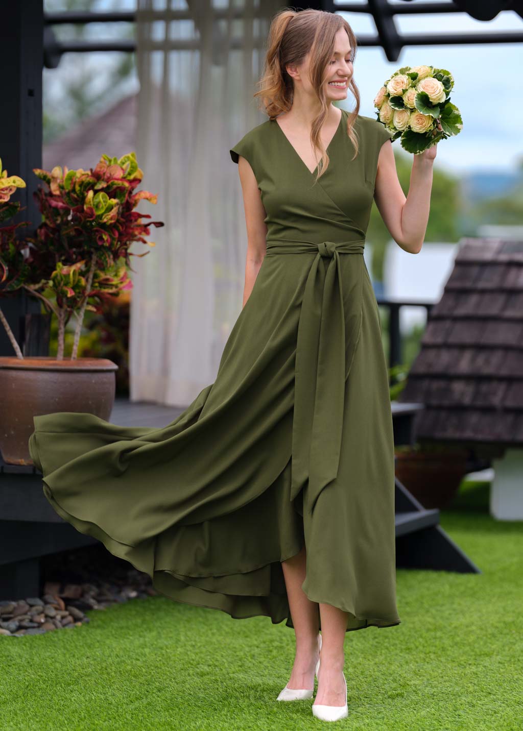 Olive green chiffon wrap dress