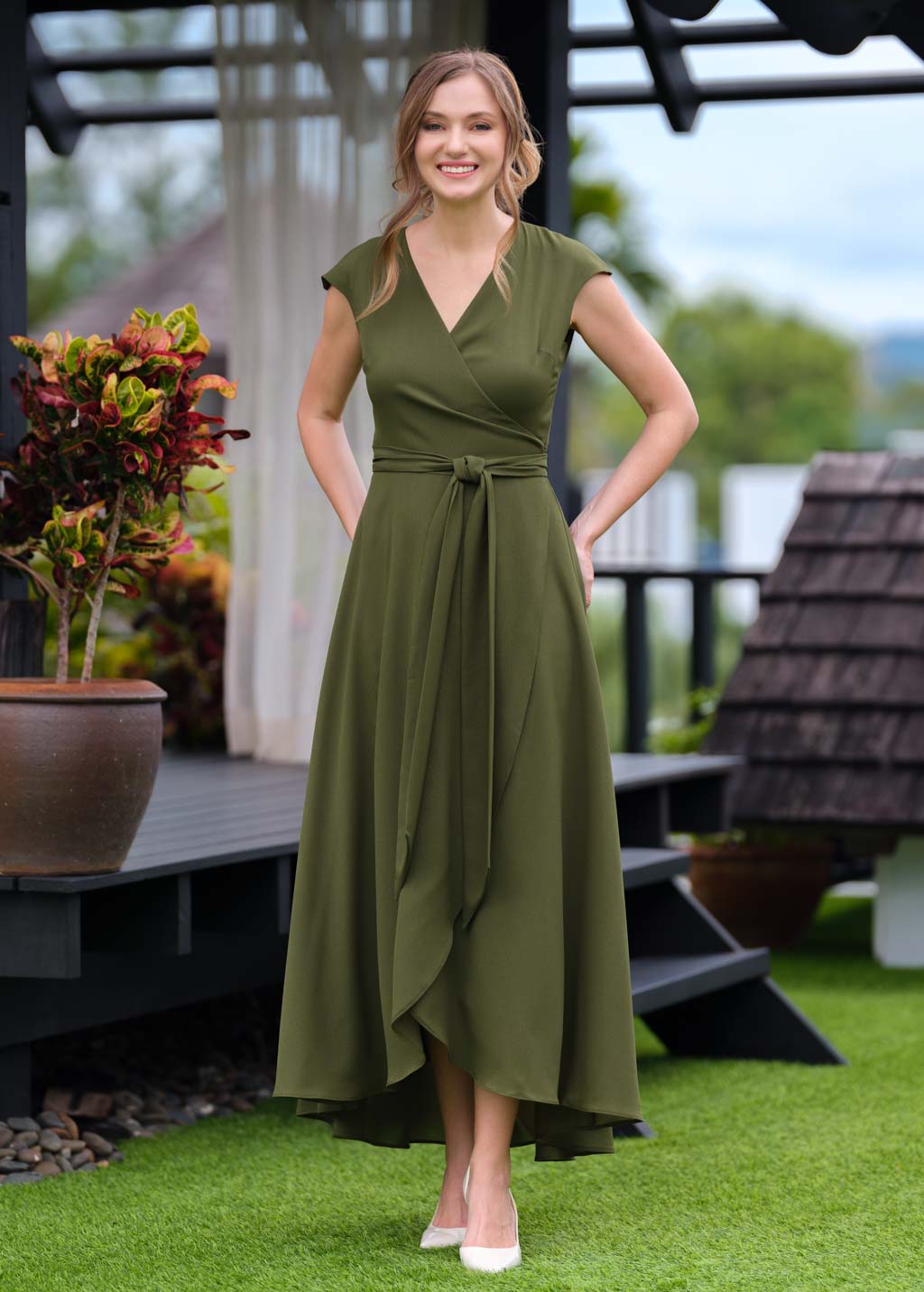 Olive green chiffon wrap dress