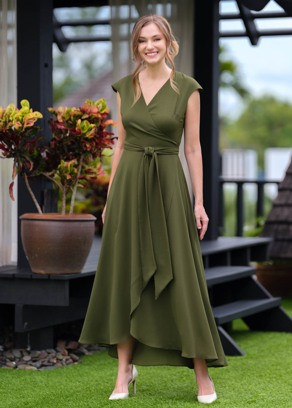 Olive green chiffon wrap dress